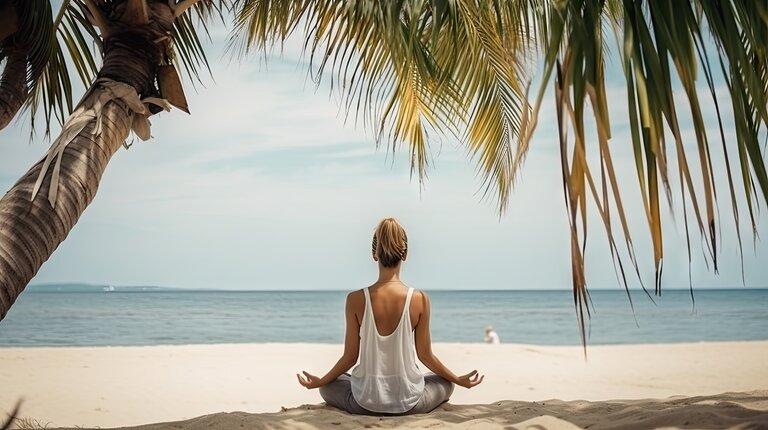 Rückansicht, schöne Frau meditiert unter einer Palme am Strand