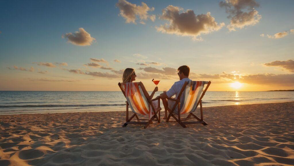 Ein Paar genießt einen romantischen Sonnenuntergang am Strand in Liegestühlen, hält Cocktails und erlebt besondere Momente mit Amorette International.