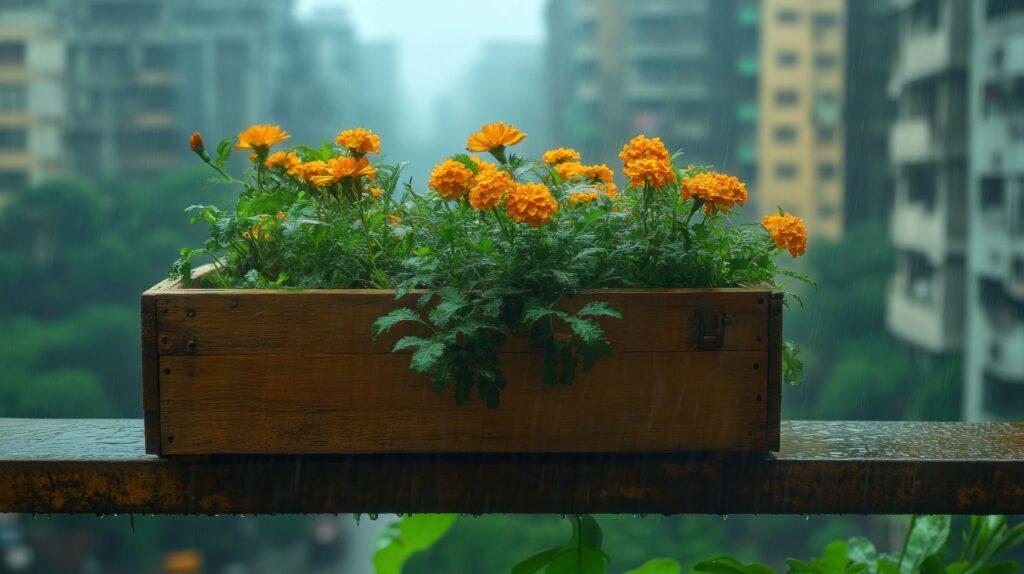 Balkonkästen mit orangefarbenen Blumen auf einem nassen Geländer