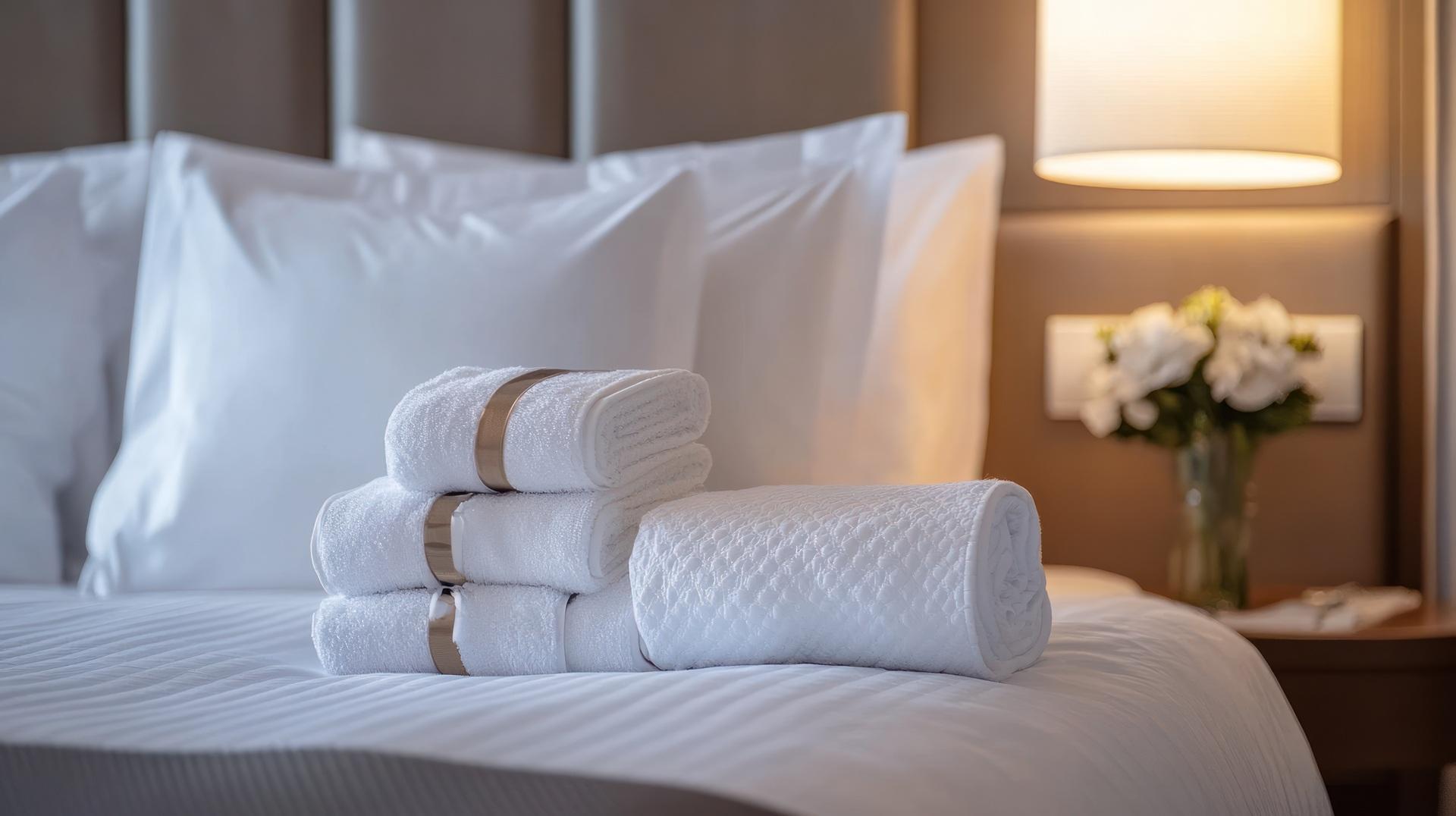 Frisch gefaltete Handtücher im Hotelzimmer | Eckkleiderschrank