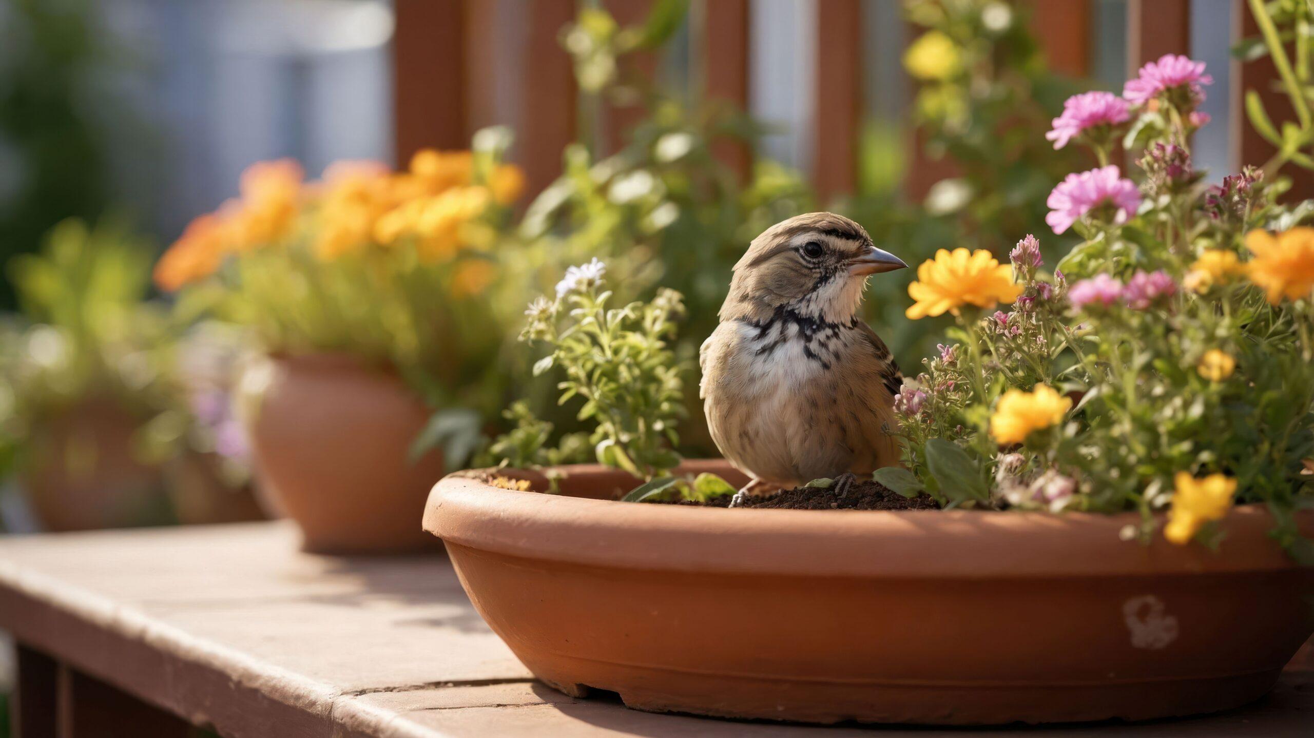 Vogel sitzt in einem Blumentopf mit bunten Sommerblumen auf einer Holzterrasse
